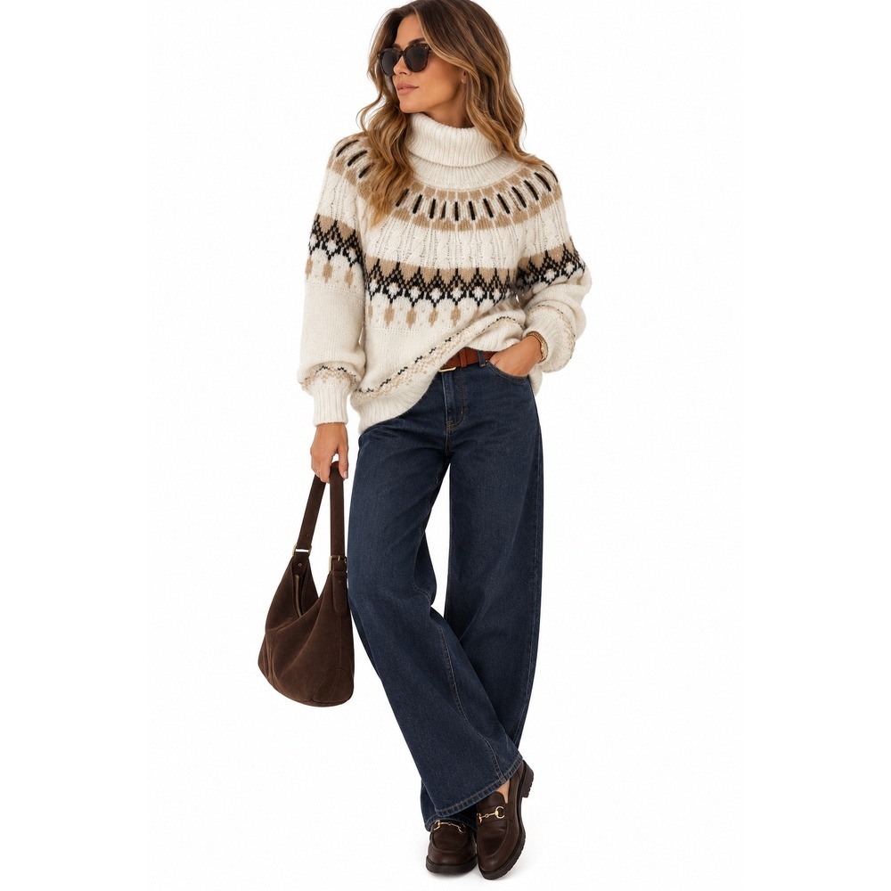 Nordic Fair Isle Sweater Women Large Turtleneck Après Ski Cable Knit Cozy